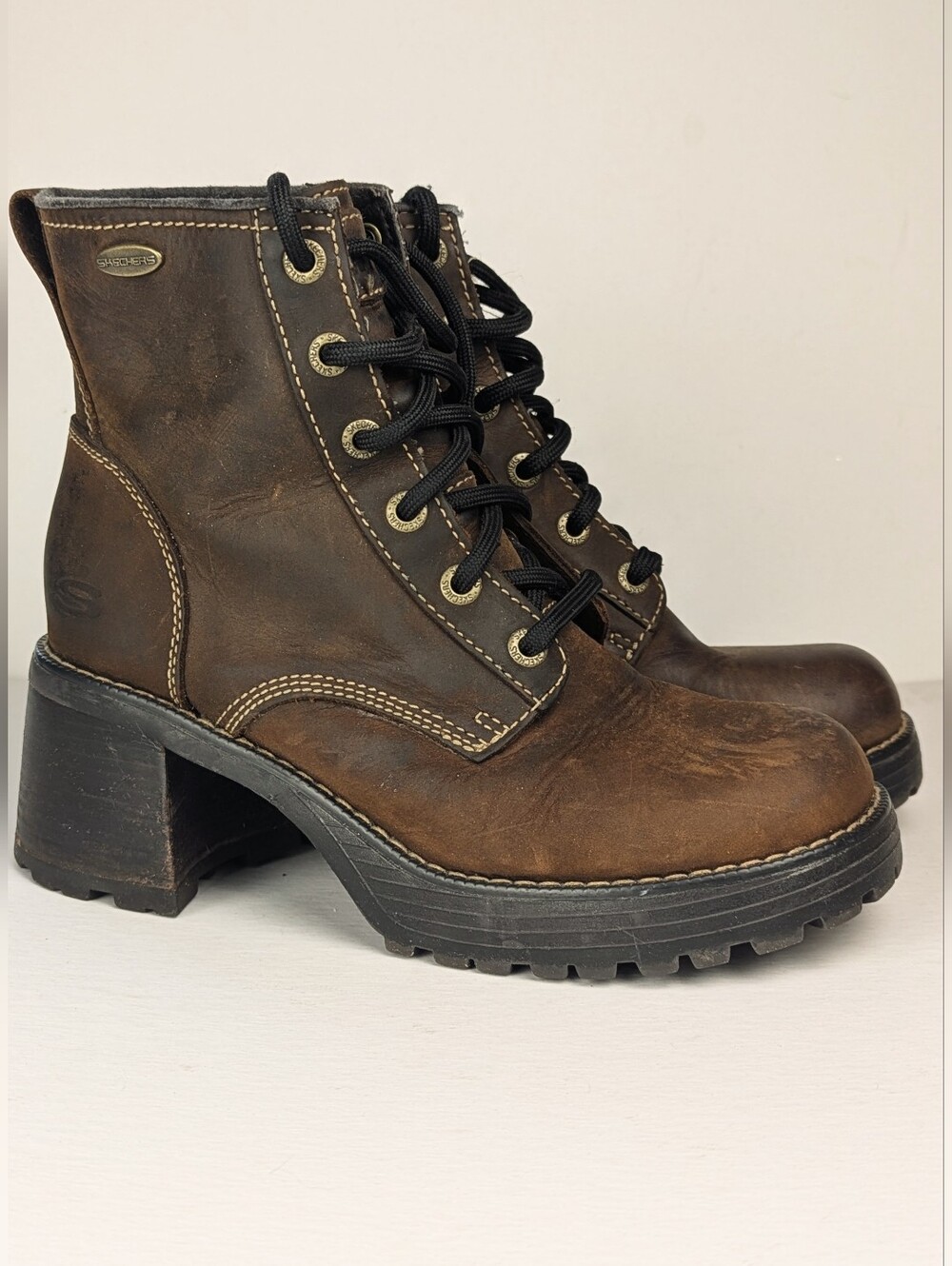 SKECHERS Grunge Boots Brown Leather Lug-Sole Platform Ankle Boots